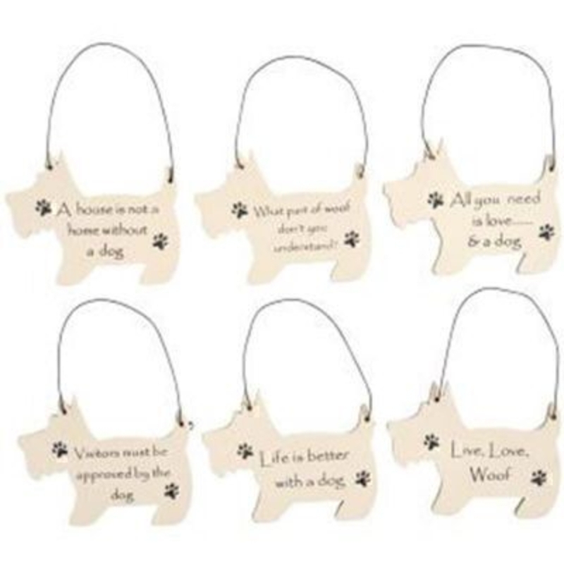 Choice of Mini Dog Shape Sign by Transomnia. Cream scotty dog shaped sign with a hanging wire at the top, featuring a choice of sayings - 